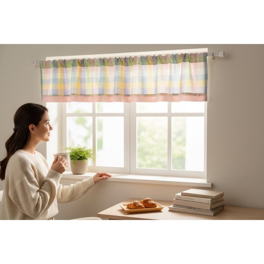 Handmade‎ Pastel Plaid Window Valances With Pink Sparkle Trim 44" X 14" Set Of 3